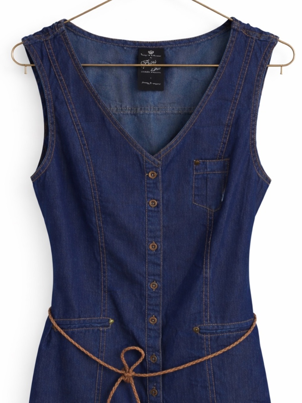 🌾 POINT ZERO Sleeveless Denim Dress Cottagecore Layering Rope Tie Waist Sz 11 L - Picture 2 of 3